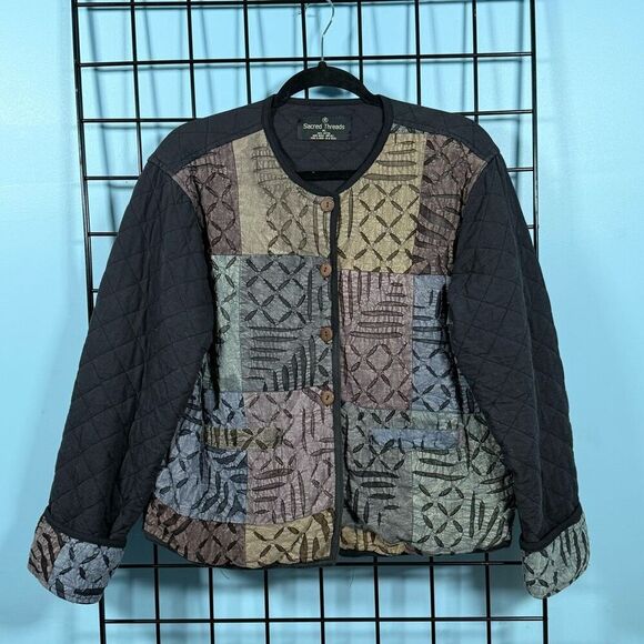 Vintage Sacred Threads Quilted Patchwork‎ Button Front Jacket Womens ML Black - Picture 1 of 10